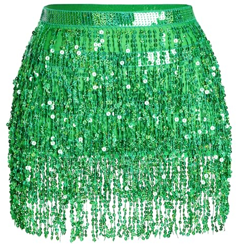 Glitzer Damen Pailletten Rock Bauchtanz Kostüm Mini Cowgirl Tanzkleid Rave Outfit Hüfttuch für Damen und Mädchen (DE/NL/SE/PL, Alphanumerisch, M, Regular, Grün)