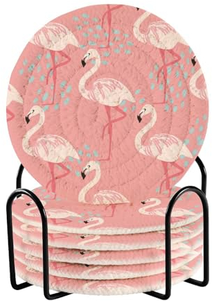 Tropische rosa Flamingo-Untersetzer, saugfähiges Set mit Halter, 6 Stück, Getränkeuntersetzer für Zuhause, Baumwoll-Untersetzer, Bar, Essentials für Heimdekoration