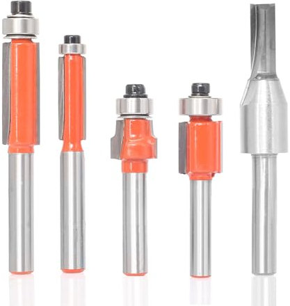 Sinoprotools 5Pcs Flush Trim Router Bit Set 1/4 Shank,Top Bearing Template Flush Cut Trim Router Bit, Carbide Tipped,Pattern Router Bit, Ideal for Woodworking Trimming
