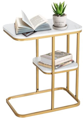 Beistelltisch, Doppelschichtiger kleiner Couchtisch, C-Form, Kaffeetisch, Sofatisch für Wohnzimmer und Schlafzimmer, Marmortischplatte und Metallrahmen, Laptoptisch für Laptops und Bücher (Gold)