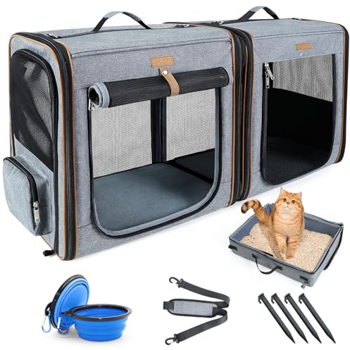 Lekereise Large Cat Carrier for 2 Cats, 2-in-1 Cat Travel Carrier with Litter Box, (17.7 x2) x16.5x13 Pet Carrier with Zipper Locks for Moving Across The Country (No Hammock) - Grey