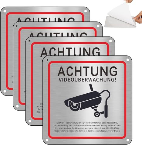 Videoüberwachung Schild,4 STK Schild Videoüberwachung Privatgrundstück, Selbstklebend & Vorgebohrt Aluminium Achtung Videoüberwachung Schilds, 15×15 CM Schilds Kameraüberwachung für Überwachungskamera