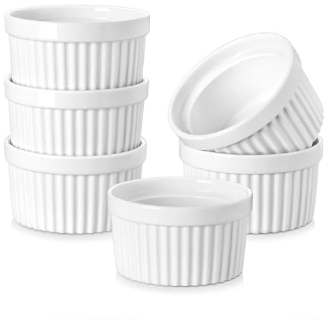MALACASA, Serie Ramekin, Creme Brulee Schälchen 6er Set, 260ml Souffle Förmchen zum Backen, Souffleeförmchen Backofenfest, Ofenfeste Creme Brulee Schalen, Mini Auflaufform 10,1x5,6cm Weiß