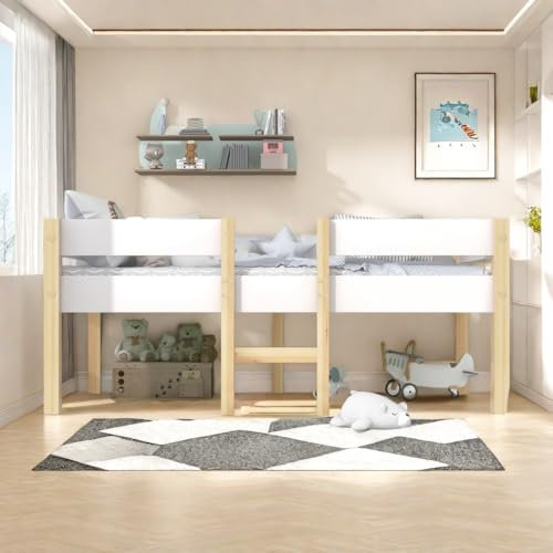 Lit Superposé Enfant 90x200 cm, Double ou Simple, avec Protection Anti-Chute, en Bois de Pin Massif, Blanc et Chêne