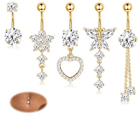 Diamday 5pcs Piercing Nombril Acier Chirurgical Piercing Nombril Anneau 14G CZ Pendentif Percing Au Nombril Or Argenté Ventre Piercing Nombril Pendant Nombril Barre Coeur Papillon Corps Piercing