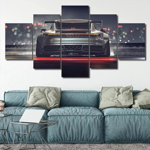 AZBESCZ Toile Decoration Murale Toile Peinture Grand Format Impression Sur Toile 5 Parties Porsch 911 GT3 Car Sport Car Tableau Decoration Murale Tableaux Decoratifs Muraux Salon Avec Cadre