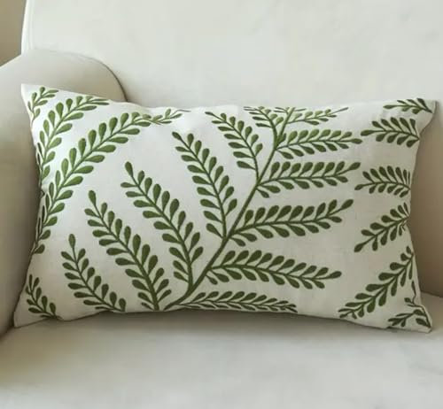 ZUODUTEX 1 funda de cojín bordada con hojas verdes de 30 x 50 cm, funda de cojín rectangular decorativa para sala de estar, dormitorio, sofá, decoración del hogar