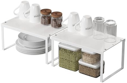 JEPEErbz Organizzatore per credenza da cucina, confezione da 2 mensole portaoggetti in metallo, espandibili, ripiani impilabili per armadio, inserto per mensole, piano di lavoro, dispensa (bianco)
