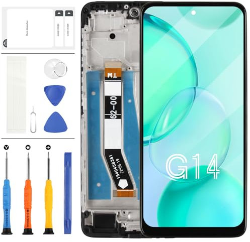 Pantalla LCD para Motorola Moto G14 PAYF0010IN4, pantalla LCD, digitalizador interno táctil para Moto G14, montaje de repuesto con kit de herramientas (negro con marco, 6.5 pulgadas)
