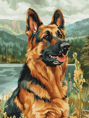 DIY 5D Tableau Diamant Peinture Diamant Animaux Berger Allemand Animaux Et Paysages Cristaux D'Art Diamant Broderie Strass Images，Fournitures D'Artisanat D'Art Bricolage Pour Débutants Déc 50x70cm
