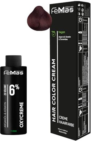 Femmas Set de tinte de pelo rubio oscuro intenso 6,66 I Hair Color Cream 100 ml + crema de óxido 100 ml 6% I coloración permanente + desarrollador I Suave y duradero I Tinte de pelo de salón para el