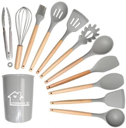 Silicone Kitchen Utensil Set, 12 Pieces, Wooden Handle, Heat Resistant, Non-Stick, Dishwasher Safe (Grey)