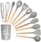 Silicone Kitchen Utensil Set, 12 Pieces, Wooden Handle, Heat Resistant, Non-Stick, Dishwasher Safe (Grey)