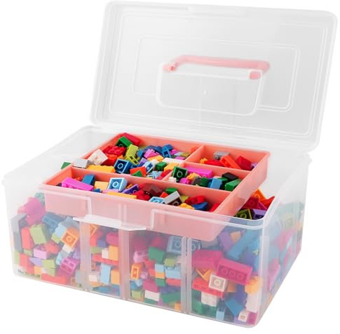 APACALI Pack of 2 Storage Boxes for Lego Duplo Building Blocks, 2 Tier Transparent Toy Box Storage, Stackable Storage Boxes with Latches and Handle, Lego Sorting System