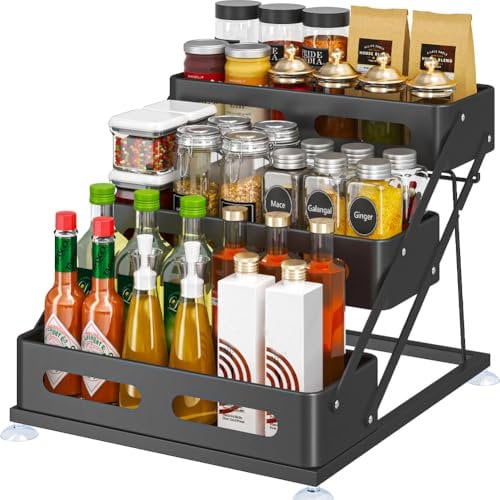 YunNasi Porta Spezie per Cucina Salva Spazio in Metallo Organizzatore 3 Livelli per Controsoffitto e Mobile Design Compatto Senza Montaggio (Nera, Basic)