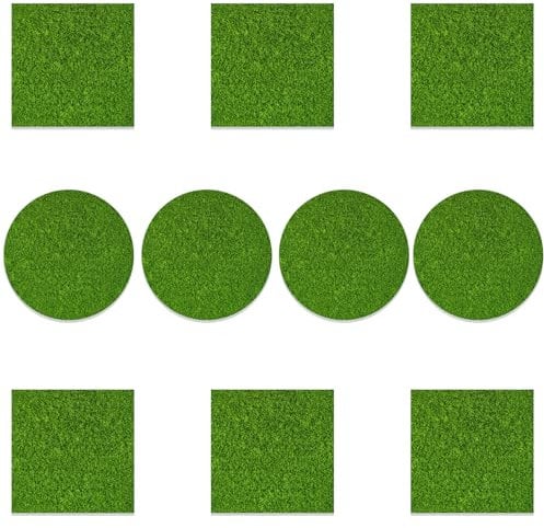 DAVBNM 10 Pcs Dolls House Accessories, Fake Grass Mat, 6pcs 15 x 15 cm Square and 10cm Circular Artificial Grass Mat, for DIY Fairy Garden Ornament Dollhouse Decoration