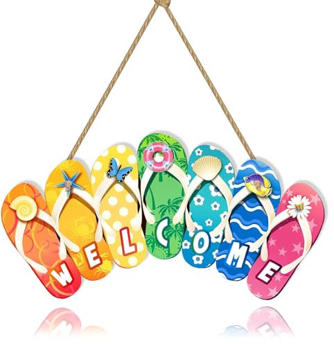 Decoración Colgante Madera de Verano Adornos de Chanclas Hello Summer Decoración Puerta Entrada Verano, Colgantes Pared Interior con Cuerda para Decoración Del Hogar, Playa, Fiesta en La Piscina (C)