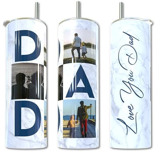 EKAM Personalised Father’s Day Gift for Dad – Custom Photo Tumbler – Personalised Travel Coffee Mug, 20oz Stainless Steel Tumbler Cup with Straw and Lid – Insulated Coffee Cup – Dad Gift
