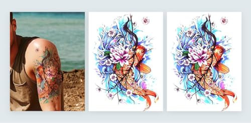 2 feuilles de tatouage temporaire poisson koi japonais avec fleurs de cerisier japonais LC769x2