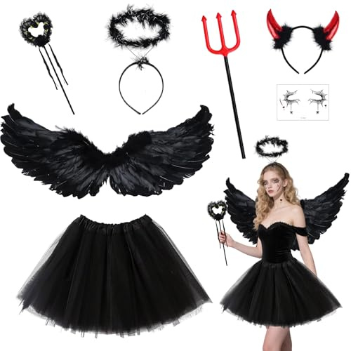 BIQIQI Dark Angel Costume Women Devil Costume with Black Wings Angel Halo Devil Horns Fork And Tutu Skirt, Devil Accessories for Halloween Carnival