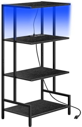 Arbuxzuy 4-Tier AV Media Stand with Power Strips,Wooden TV Stand Shelf with LED Lights,Stereo Stand Cabinet for Small Space,Audio Rack Stand Tower Ideal for Video GameDVD Players,Xbox(Black)
