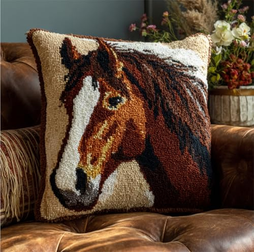 RKFLGEW Diy Knüpfen Set Pferd Tier Diy Knüpfkissen-Set,Anfänger,Erwachsene,Teenager,Geschenk,Stickerei,Heimdekoration 43x43cm