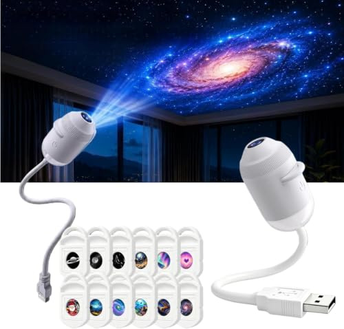 Projecteur holographique HD Intelligent Dynamique 5D, projecteur Galaxie rêve Rotatif 360°, veilleuse Projection Ciel étoilé, branchement Direct, Alimentation USB (12 Films) [Classe énergétique A]