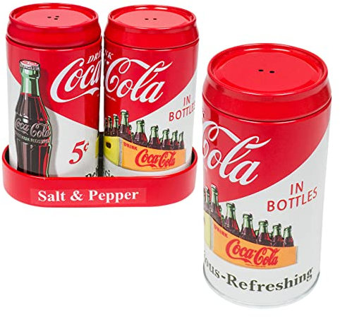 Coca-Cola Metall-Shaker Salz- und Pfefferstreuer Set, Zinnmetall, 10,2 cm hoch, 3,8 cm Durchmesser, geprägtes Logo