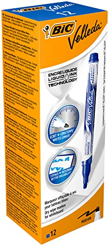 BIC Velleda Liquid Ink Feutres Premium pour Tableau Blanc Effaçables à Sec Avec Pointe Conique Medium - Encre liquide Bleue, Boîte de 12