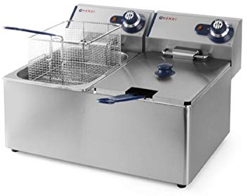HENDI Fritteuse, Friteuse, Fritöse, einstellbar bis 190°C, Kaltzone, mit Frittierkorb und Deckel, Entnehmbar Becken, Sicherheitsthermometer, 2x6L, 230V, 6600W, 550x430x(H)290mm, Edelstahl