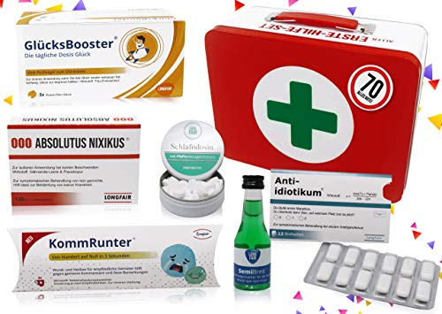 70. Geburtstag | Erste Hilfe Set Geschenk-Box, witziger Sanikasten | 8-teilig | Spaßgeschenk zum 70. Geburtstag