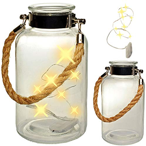 alles-meine.de GmbH XL Glas - Windlicht - LICHT Dekoflasche - mit Henkel - 5 Stück LED - 20 cm - Flasche - Lichterflasche mit Beleuchtung & Kerzen/Glaslaterne - Teelicht - Batt..