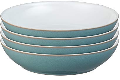 Denby - Azure Blue Pasta Bowls Set of 4 - Dishwasher Microwave Safe Crockery 1050ml 22cm - Sea Blue, White Ceramic Stoneware Tableware - Chip & Crack Resistant