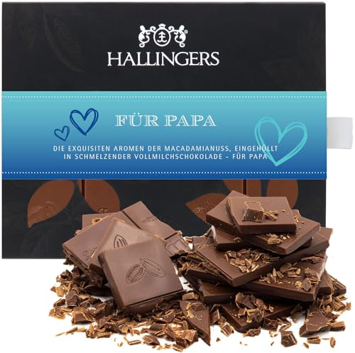 Hallingers Für Papa - Vatertagsgeschenk Vollmilch Edel-Schokolade mit Macadamia-Nougat, handmade für Papa Vater Opa (Box) - Geschenk im Sommer & als perfektes Grillgeschenk | Jahrestag Freundschaft Ge