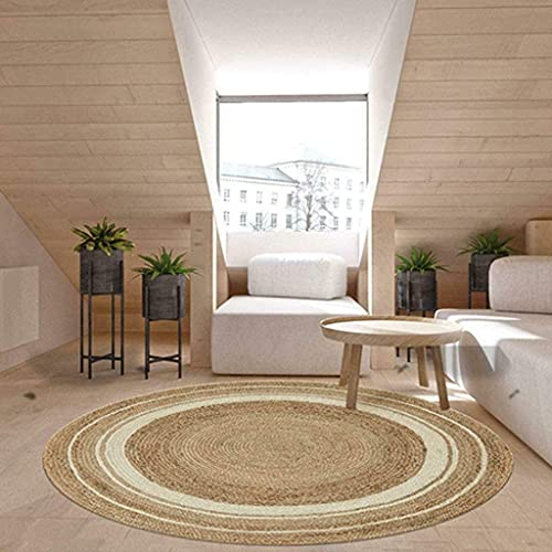 Avgari Creation Teppich, rund, natürliche Jute, handgefertigt, wendbar, Beige + Weiß, 180 x 180 cm