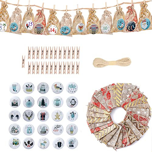 Adventskalender zum Befüllen, Säckchen für Adventskalender, Jutesack, Jutesäckchen 24 weihnachtlichen Filzbeuteln und buttons adventskalender zahlen schilder adventskalender