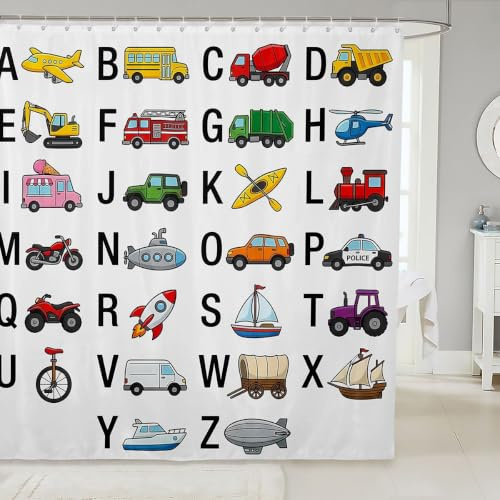 Excavator Kids Bathroom Waterproof Accessories with 12 Hooks Fire Truck Police Car Boys Shower Curtain Helicopter Motorcycle Ambulance Fabric Shower Curtains Alphabet Vehicle Cars Decor,72x72 Inches