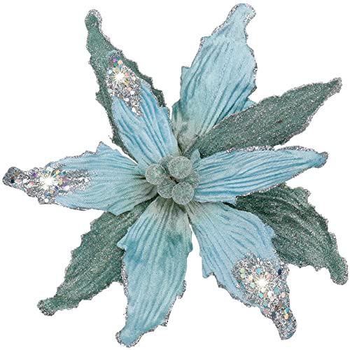 Briful 4 PCS 12 Glitter Poinsettia Blue Artificial Flowers Stem for Christmas Tree Decorations Fake Poinsettia Flowers Large Artificial Christmas Flowers Arrangements for Xmas Decorations