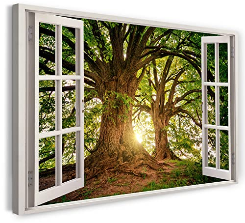 Printistico Bilder Fensterblick 120x80cm Baumwoll-Leinwand auf Keilrahmen mit Aufhänger moderner Kunstdruck XXL Wandbilder Wand-Dekoration Bäume Wald Sonne Strahlen Natur - Natur-Fotografie