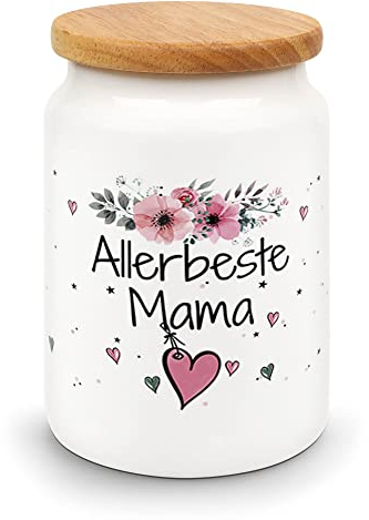 PR Print Royal Vorratsdose mit Spruch - Allerbeste Mama - Hochwertige Keramikdose mit Holzdeckel - Keksdose für Mama - 650 ml, Lebensmittelecht | Geschenk für Mama