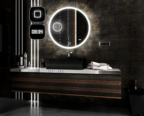 Badspiegeldesign - Badspiegel mit Beleuchtung LED Radlux 90 cm, Runder Badezimmerspiegel mit Beleuchtung, Wandspiegel mit LED, Touch-Schalter, Schminkspiegel Kosmetikspiegel (5-Fach) und Uhr