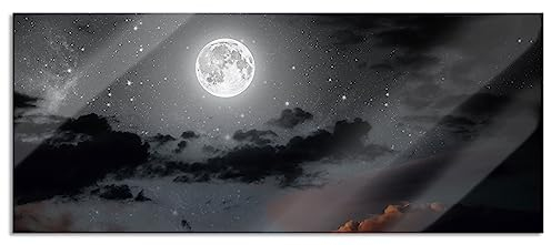 Pixxprint Glasbild Panorama, Wandbild aus Echtglas, Leuchtender Mond am Nachthimmel, 100x40 cm, inkl. Aufhängung und Abstandshalter