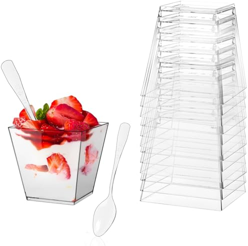Mini Dessert Cups,50 Pack Reusable Plastic Dessert Cups Set Square Cup with Spoons Clear Small Cup Reusable Serving Dessert Bowl for Pudding Mousse Ice Iream 2 oz / 60 ml