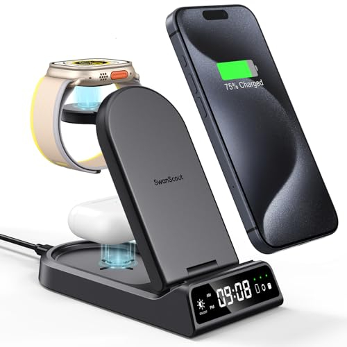 SwanScout 702A Wireless Charger Station for iPhone 16, 4 in 1 Wireless Charging Stand for iPhone 15 14 13 12 Pro Max, Watch Charger for iWatch 9/Ultra/SE/8/7/6/5/4/3/Air pods Pro 4