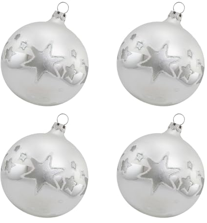 Thüringer Glasdesign Weihnachtskugeln Silber mit silbernem Sternendekor, 4 Stück/Set, ca. 6 cm, Weihnachtsdeko