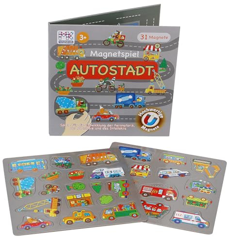 MAGNIKON Magnetspiel Autostadt 31 Magnete - Kinder Motorikspielzeug mit großem Spielfeld für die Beschäftigung bei der Autofahrt - Spiel für Unterwegs mit Magnetpuzzlen - Magnetbuch ab 3 Jahren