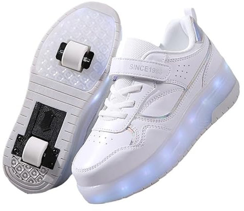 Rollschuhe Schuhe Jungen Mädchen Skateboardschuhe Mit Rollen, Verstellbar Jugend Schuhe mit Rollen und LED Licht, Multifunktionale Sportschuhe Outdoorschuhe für Kinder Erwachsene-Weiß-Zwei Räder||33