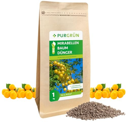 Purgrün® Bio-Mirabellenbaum-Dünger 1 kg – Organisch-mineralische Rezeptur – Feinkörniges Krümelgranulat – NPK 6+3+8 – Mit Magnesium für süße, aromatische Mirabellen – Verbessert die Bodenqualität