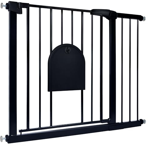 Aufun Treppenschutzgitter Türschutzgitter Kinder ohne Bohren, für 95-105 cm breit, Türgitter mit Druckbefestigung, selbstschließend, Metall Gitter, Hundesicherheitsgitter mit Katzenklappe (Schwarz)
