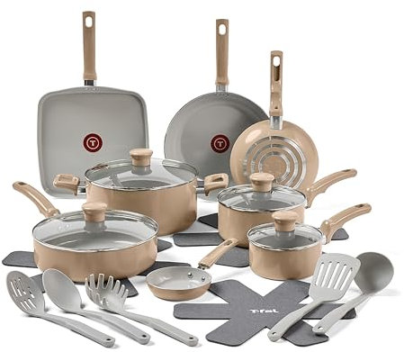 T-fal Refresh Ceramic, Ceramic Non Stick Cookware Set 20 Piece, Oven Broiler Safe 350F, Kitchen Set w/Egg Pan, Fry Pans, Saucepans, Griddle, Sautepan, Dutch Oven & Utensils, Pots, Pans, Sand Dune